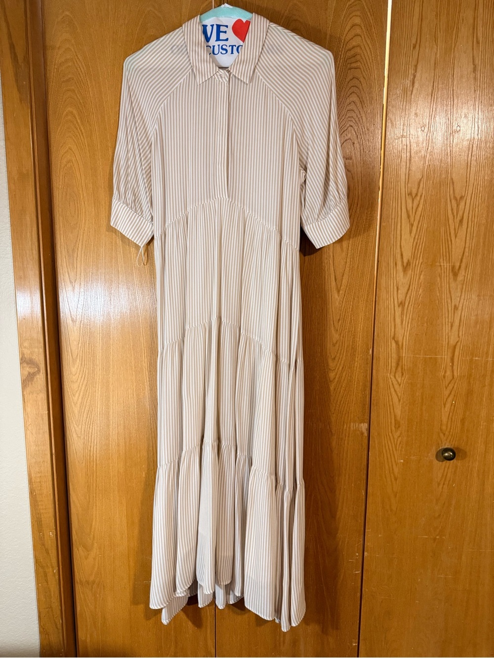 A Loves A Tan Pinstripe Tiered Midi Maxi Shirt Dress